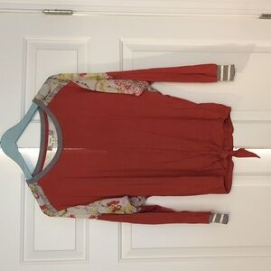 Tan and Orange Long Sleeve Tie Front Blouse